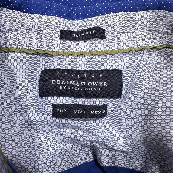 Denim & Flower Shirt Mens Large Blue Slim Fit Stretch Short Sleeve Micro Dot - Picture 6 of 7